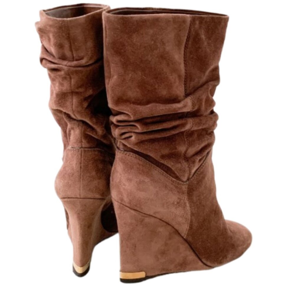 Louis Vuitton Camel Suede Slouch Wedge Boots Gold Metal Logo on Heels Size  37/7 - Picture 6 of 14